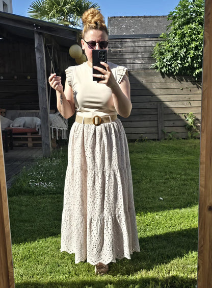 Jupe Longue "Ambre" – Beige Naturel & Broderie Anglaise