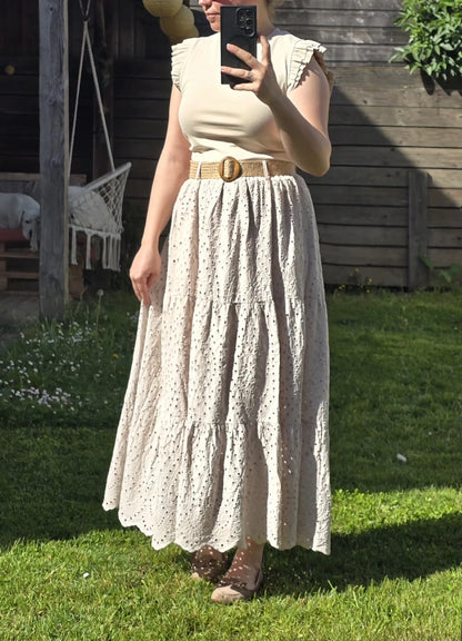 Jupe Longue "Ambre" – Beige Naturel & Broderie Anglaise