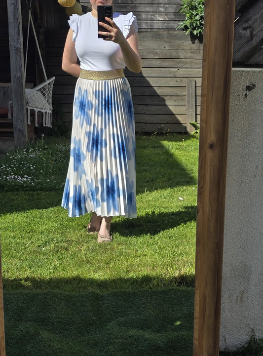 Jupe Plissée "Azur" – Imprimé Floral Artisanal & Viscose de Prestige Italienne